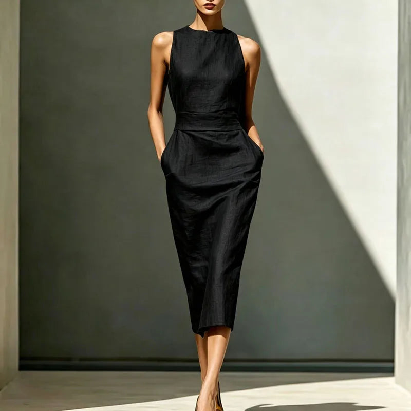 Elegant Sleeveless High Waist Sheath Midi Dress for Women