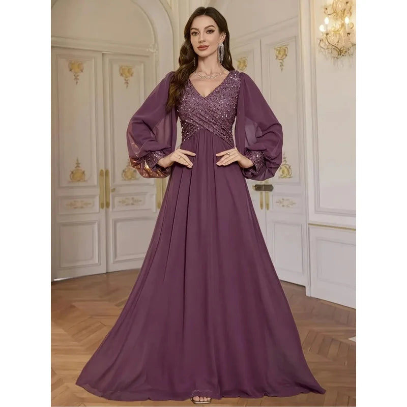 V-Neck Sequined Chiffon Evening Gown