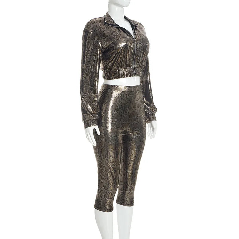 Metallic Leopard Crop Jacket And Pants Set for Women