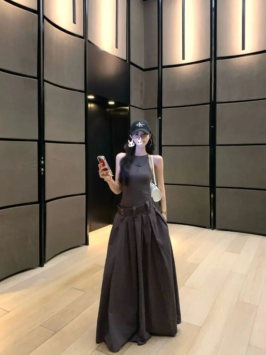 Gray High Waist Button Placket Midi Dress For Women