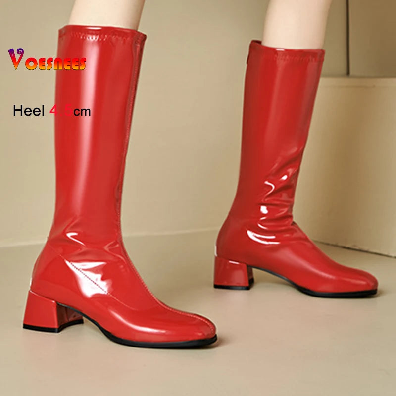 Red Patent Leather Square Toe Knee-High Boots for Women