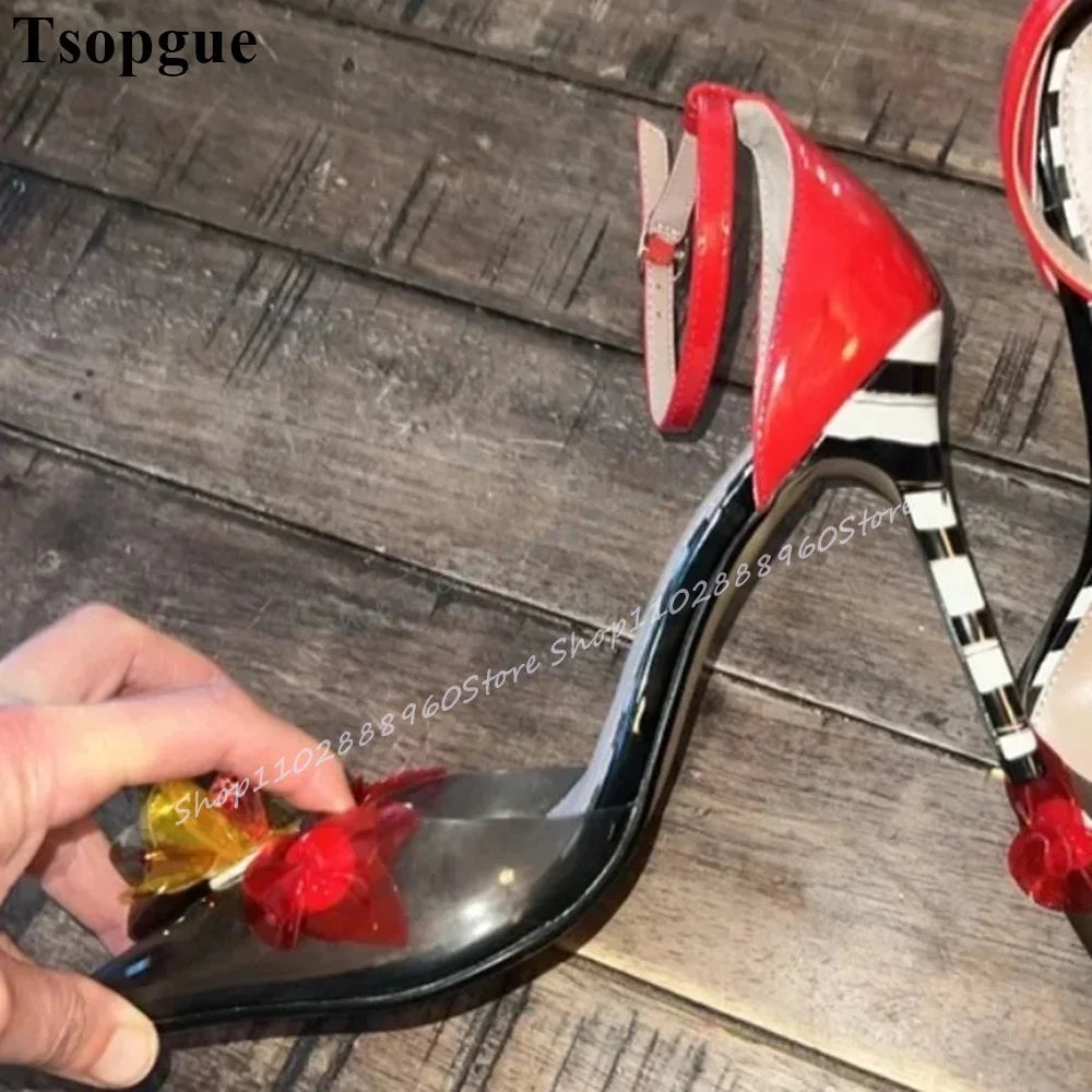Mixed Color PVC Flower Decor Sandals Thin High Heel Women Shoes Ankle Buckle Strap Pointed Toe 2025 Fashion Zapatos Para Mujere