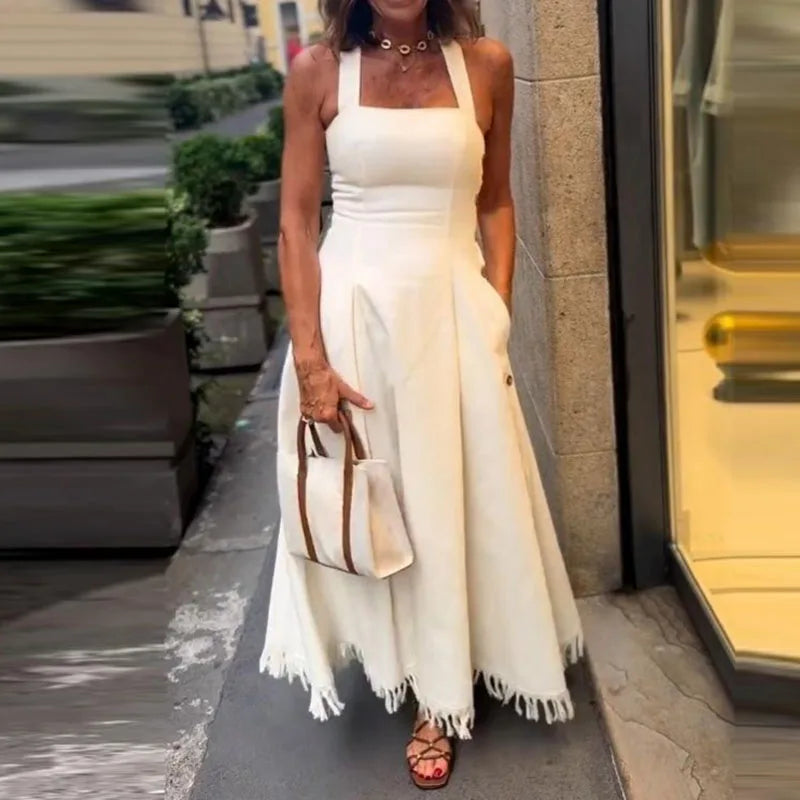 Fashion Square Collar Waist Slim Long Dress Women Casual Sleeveless Pocket Solid Party Dress Elegant Tassel Splicing Maxi Dress
