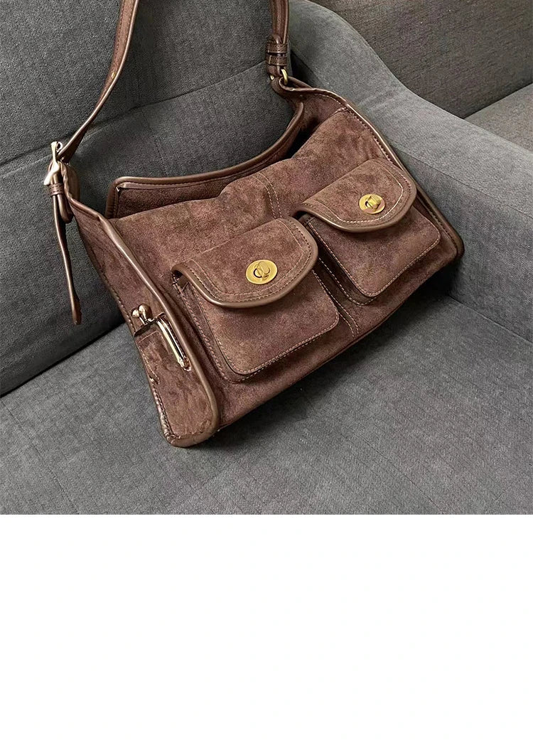 Casual Commuter Large Capacity Suede Pillow Bag Single Shoulder Crossbody Bag Vintage Style Polyester Lining Zipper Closure