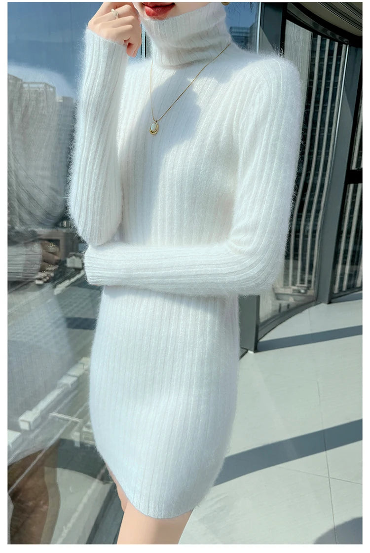 High Neck Slim Fit Stretch Knit Mini Dress for Women