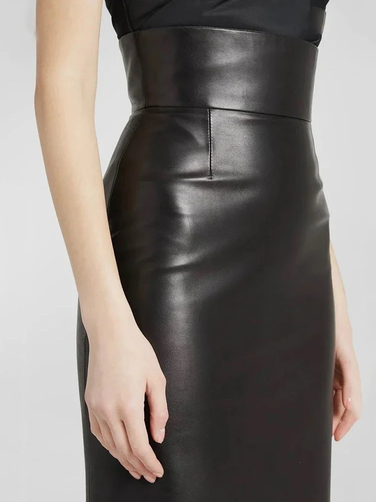 Vintage Faux Leather High Waist Midi Skirt for Women