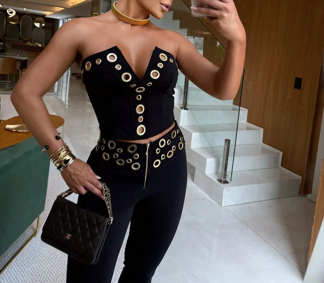 V Neck Top And Wide Leg Pants Set