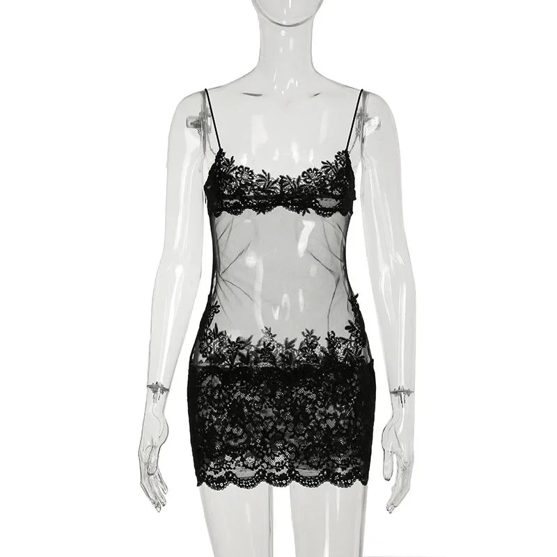 Patchwork Lace Y2K Party Dress Sleeveless Low Neck Mini for Women