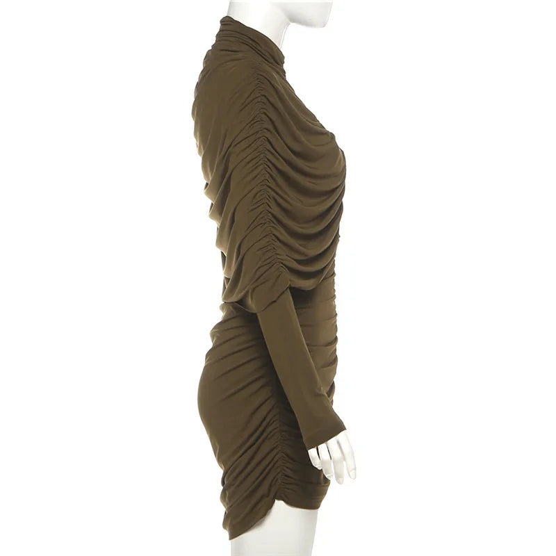 Hollow Out Shirring Turtleneck Long Sleeve Bodycon Mini Dress for Women