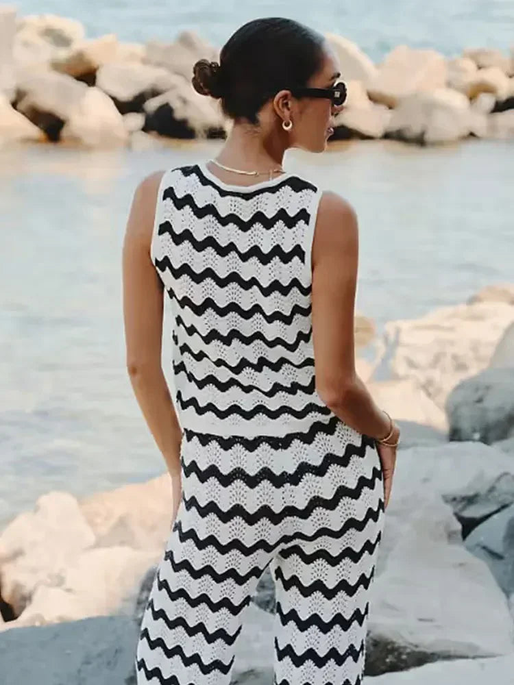 2025 Wave Striped Knit 2 Piece-Set Women's Fashion Top Lace-up Long Pant Knitwear Sets Holiday Swimsuit Cover Up Outfits K130