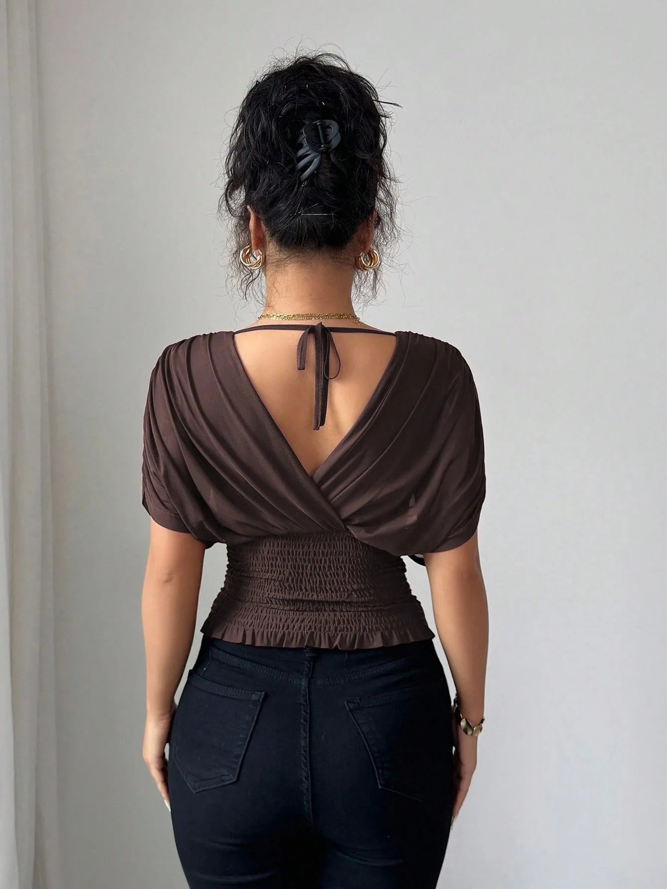 Elegant Deep V Neck Flutter Sleeve Waist Cinching Top for Women