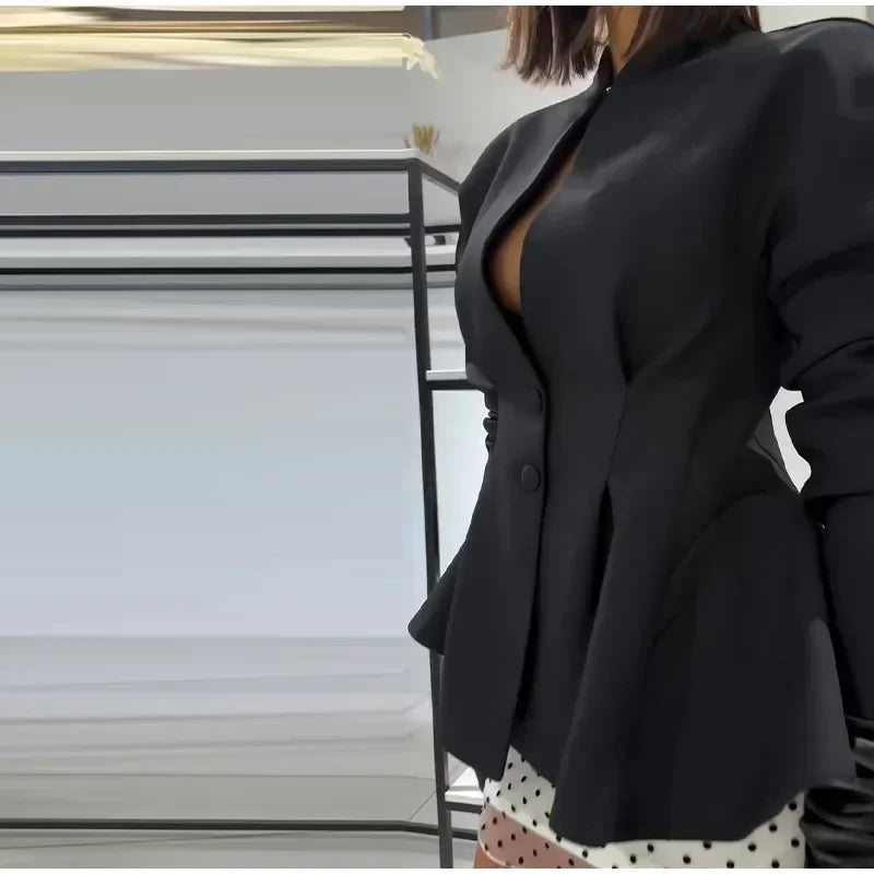 Elegant Stand Collar with Button Front Blazer for Women