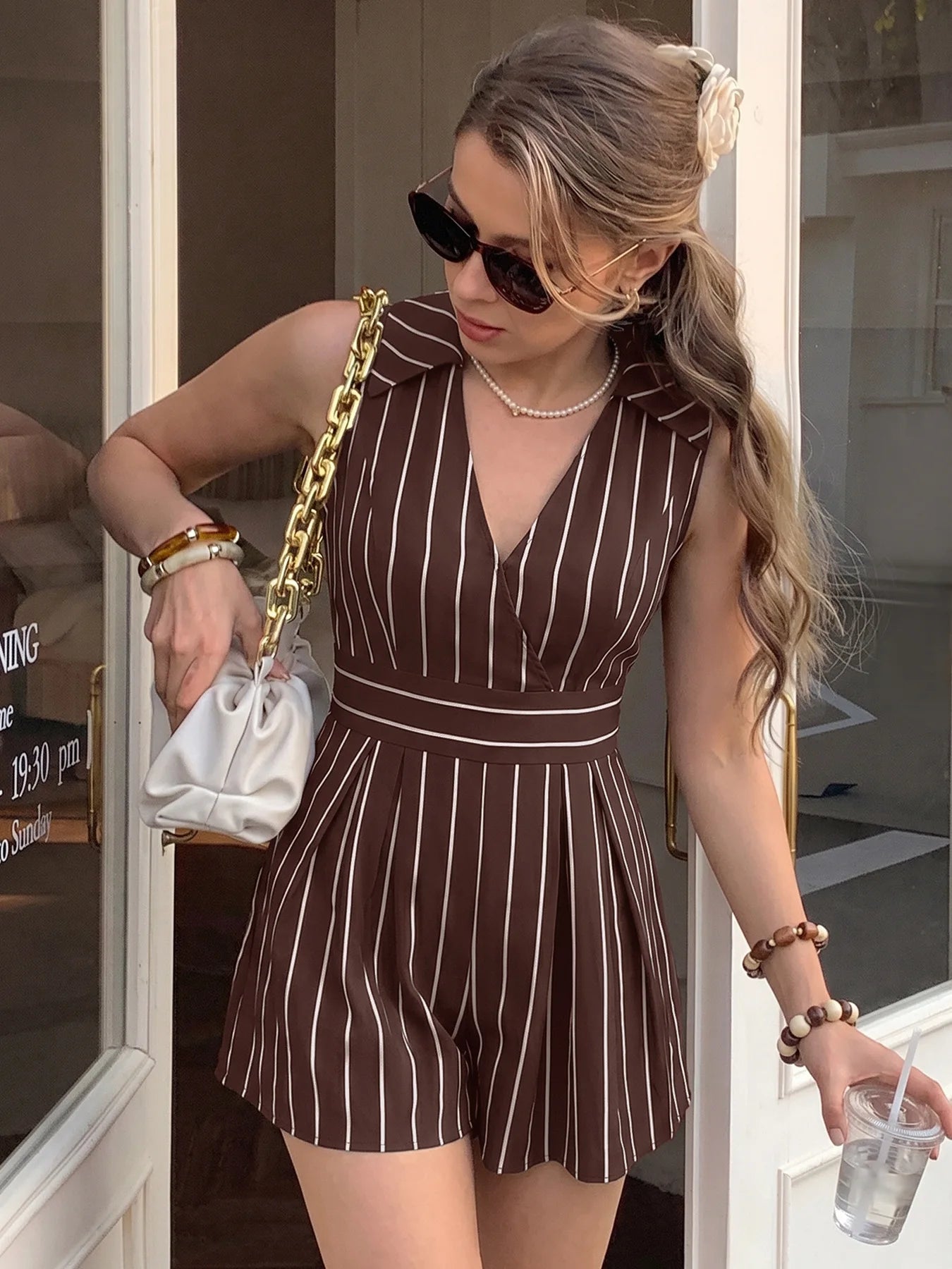 Striped Sleeveless Lapel V Neck High Waist Romper Shorts for Women