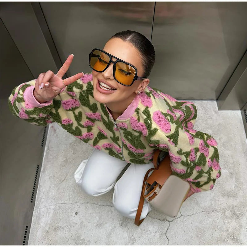 Casual Floral Print Bomber Jacket With Collar For Women