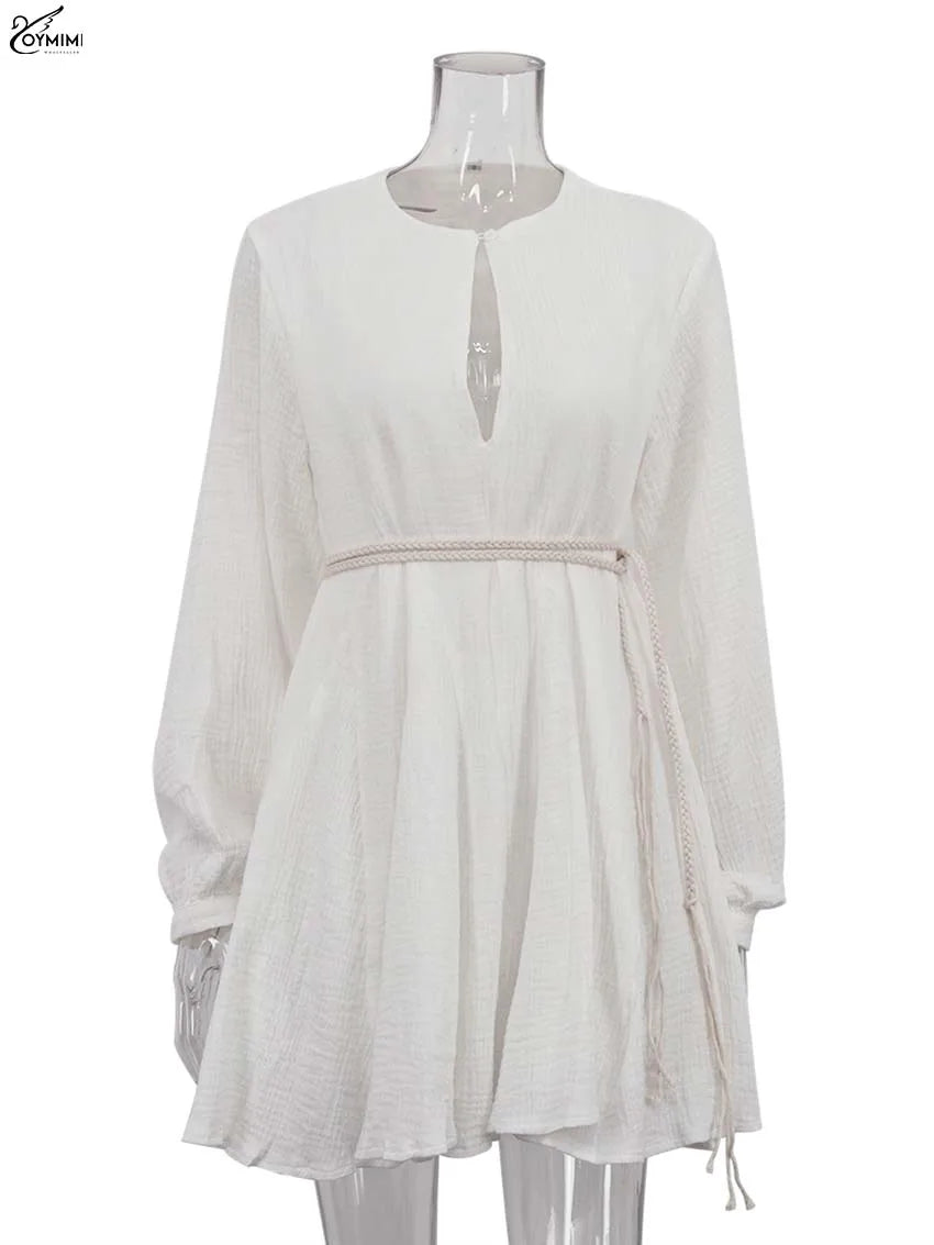 Oymimi Elegant Beige Cotton Womens Dresses Fashion V-Neck Long Sleeve Lace-Up Dresses Casual Loose Pleated Mini Dress Streetwear