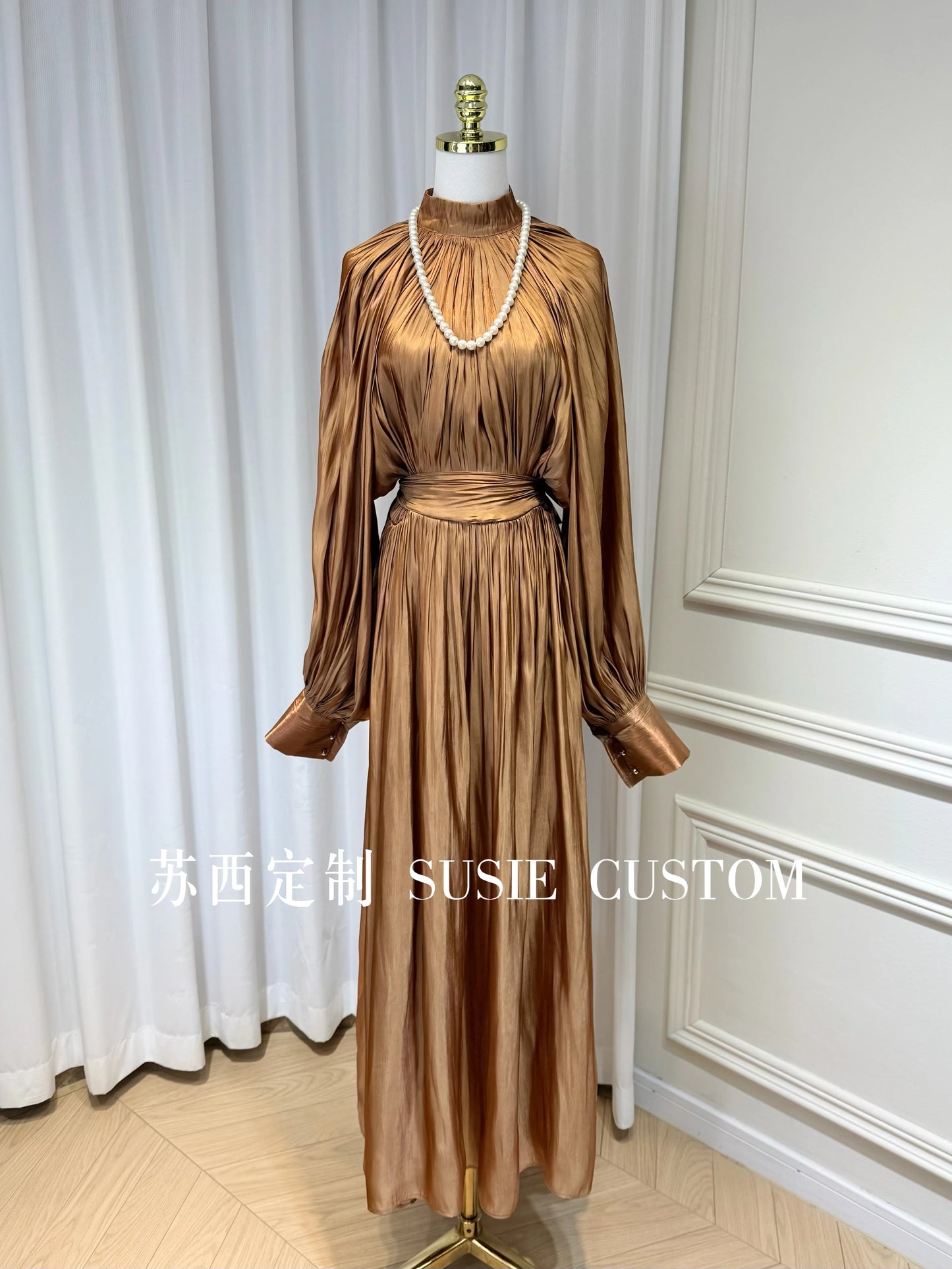 French Retro Palace Stand Collar Pleated Waist Tie Lantern Sleeves Large Swing Long Dress High Waist Elegant Vacation Dress