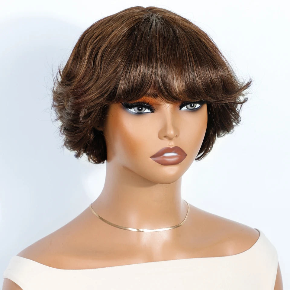 Remy Human Hair Short Pixie Cut Wavy Bob Lace Closure Wig for Women