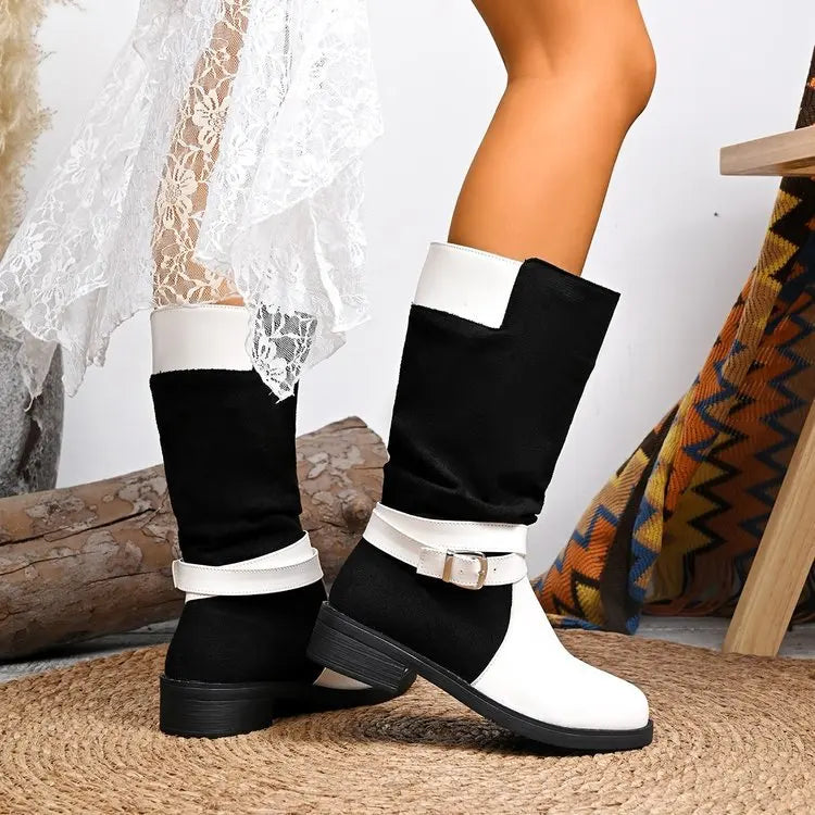 Women's large-sized black and white patchwork thigh-high knee-length fashion boots 2025 autumn/Winter round-toed boots