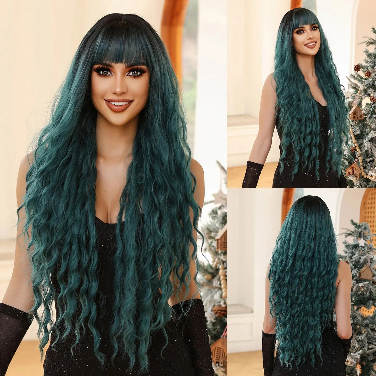 Long Water Wave Orange Synthetic Wig With Bangs for Women