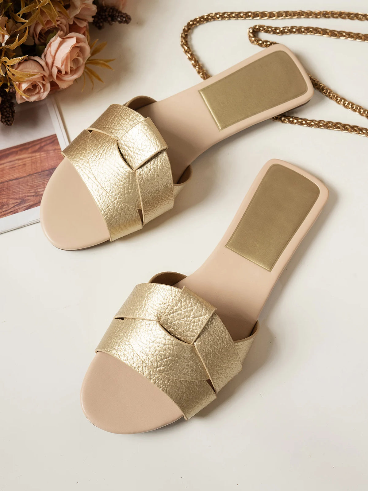 Gold Woven Cross Tie Slides