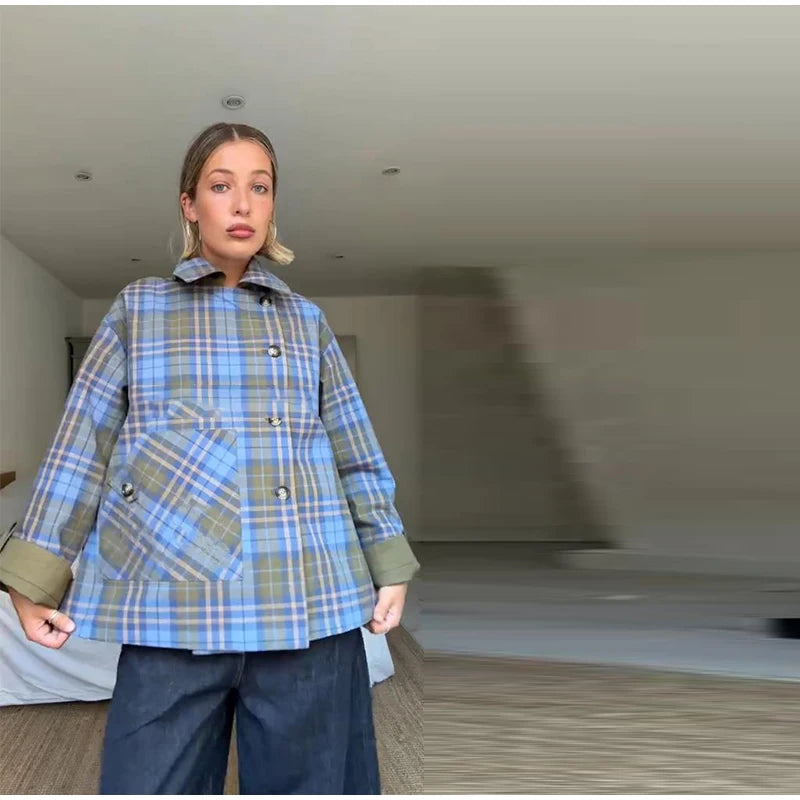 Plaid Reversible Jacket with Lapel Bow and Pockets for Women