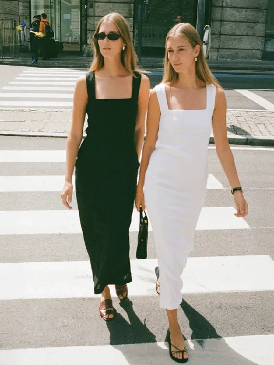 Elegant Square Neck Suspender Cotton Blend Dress For Women