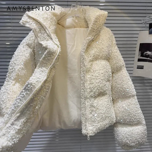2025 Winter New Sweet And Cool Hot Girls Sparkling Beads Heavy Industry Warm Bread Jacket Down Coat Women's Solid Color Parkas