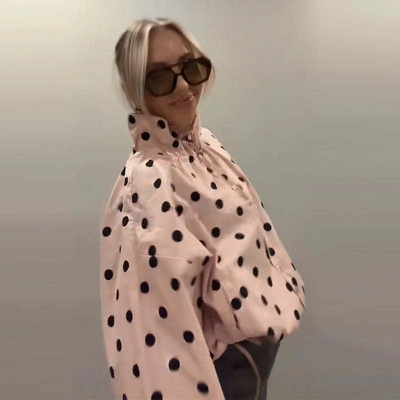 Polka Dot Lace Up Stand Collar Single Breasted Jacket for Women