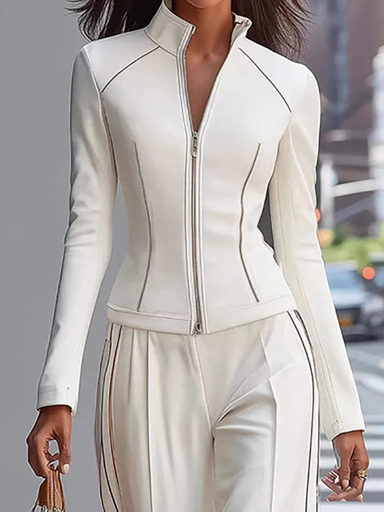 Patchwork Long Sleeve Pullover and Wide Leg Pants Set for Women
