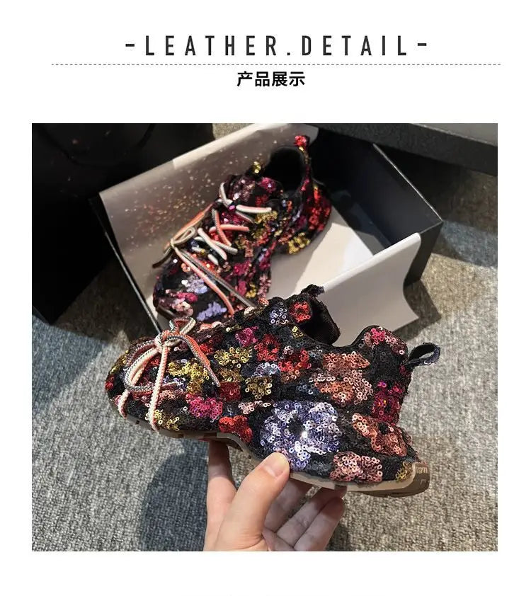 Sparkling Crystal Platform Lace Up Sneakers for Women