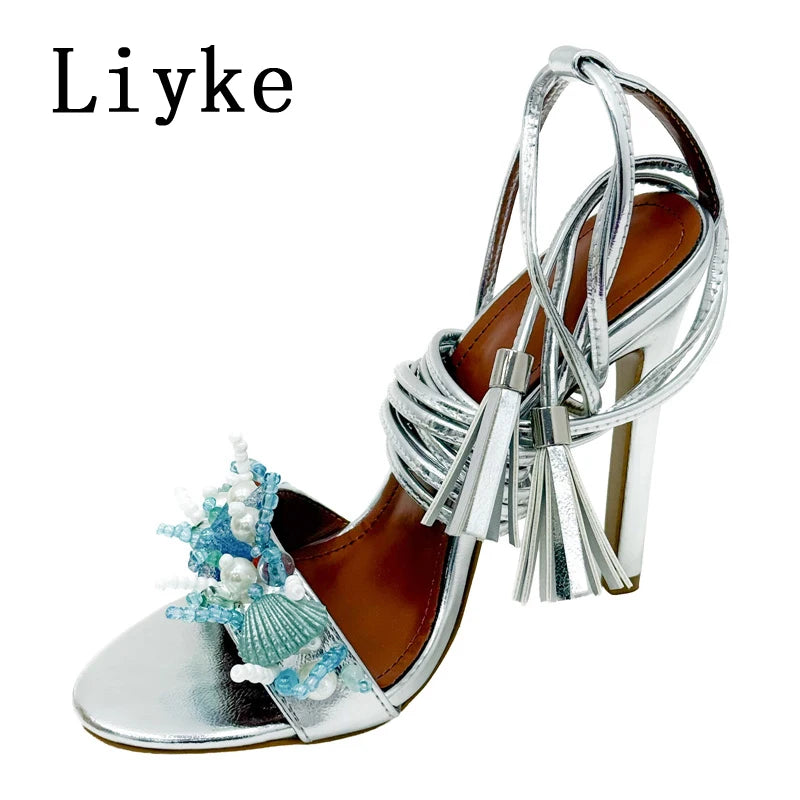 Open Toe High Heel Tassel Ankle Strap Sandals for Women
