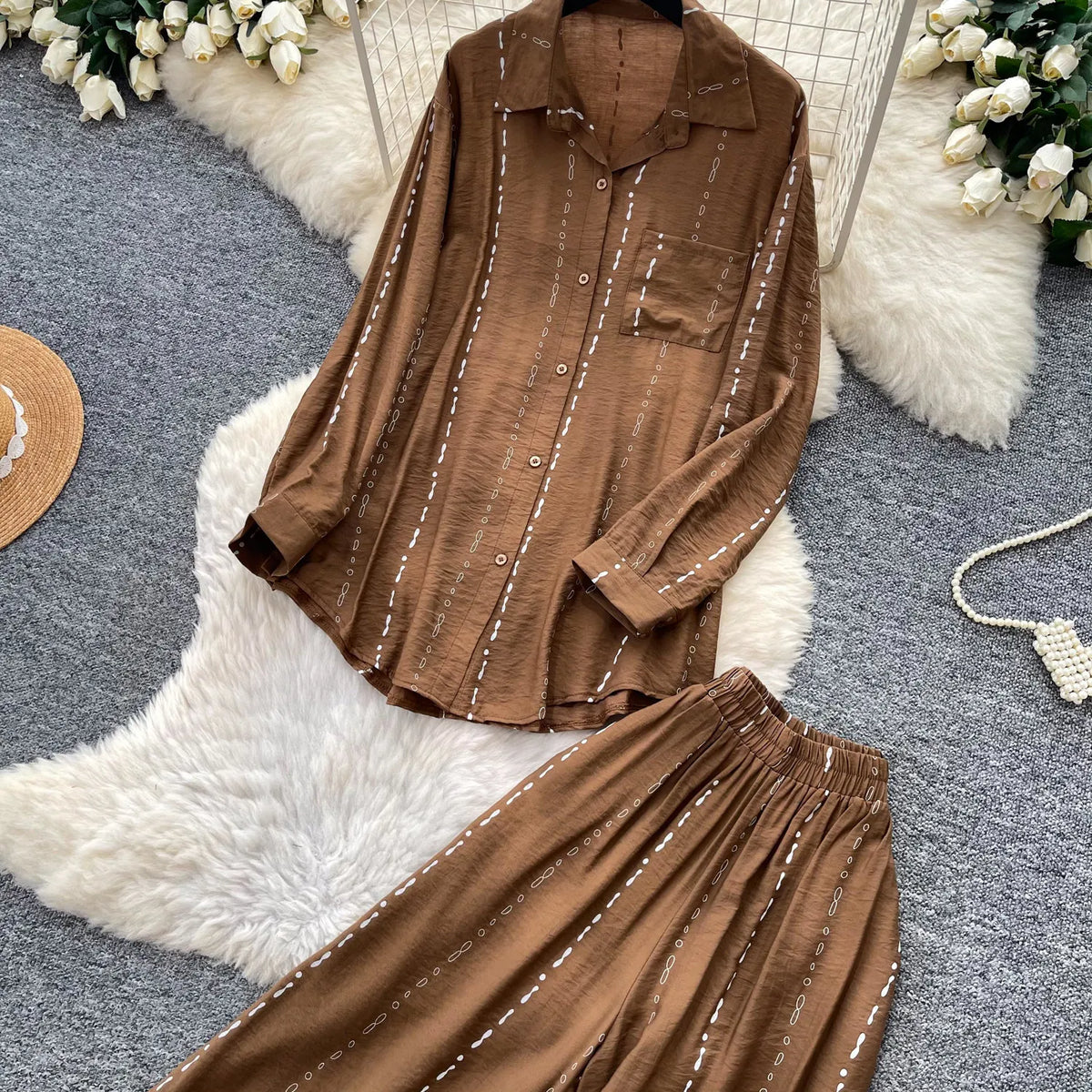 Collared Shirt and Wide Leg Pants Set