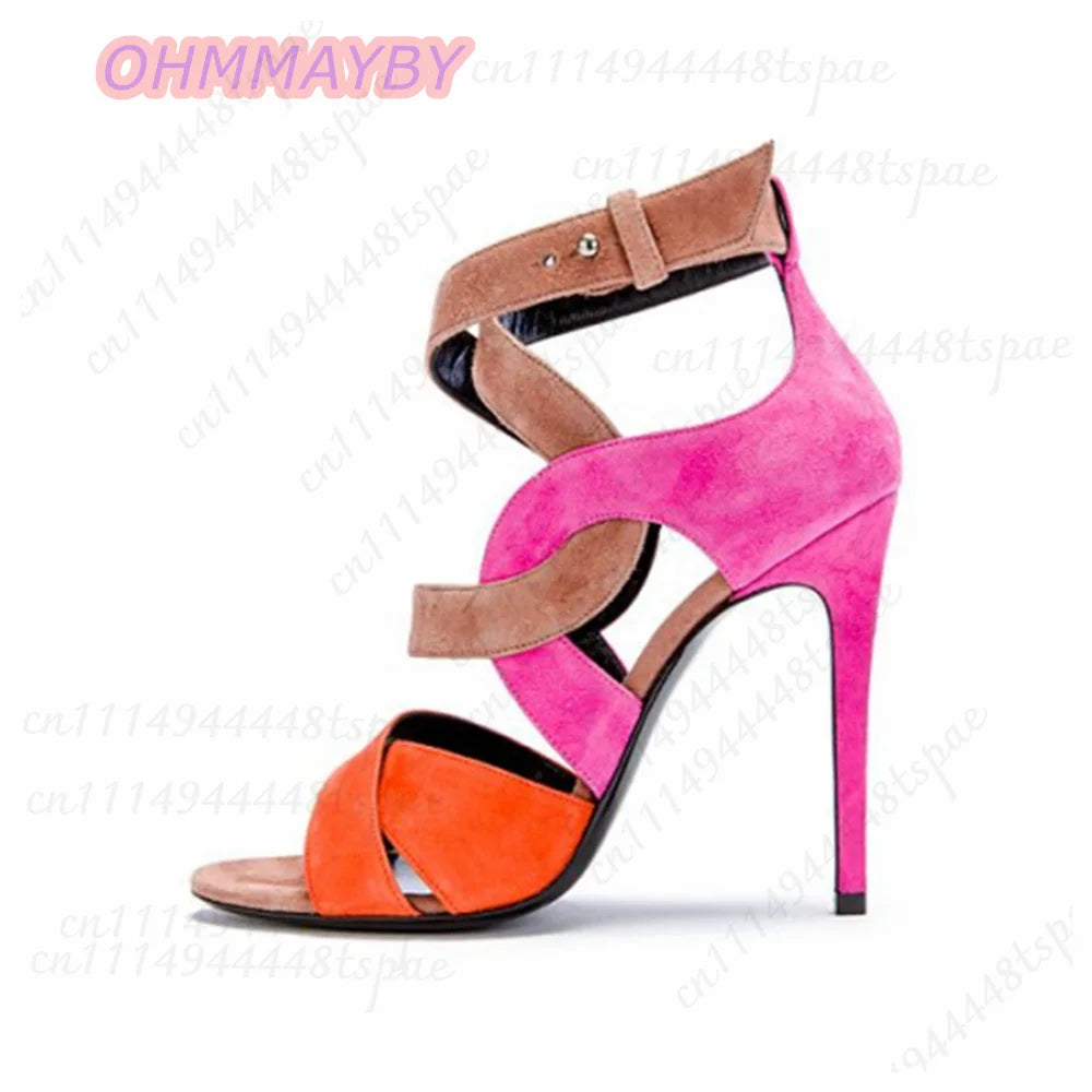 Color Block Faux Suede Ankle Strap Stiletto Sandals for Women