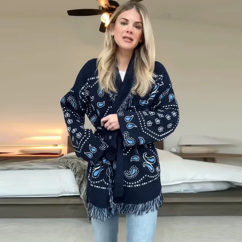 Ethnic Tassel Women 's Sweater Knitted V-neck Bandage Thicken Full Sleeve Jumper For Woman Winter Woman Coats Jacket Knitwear