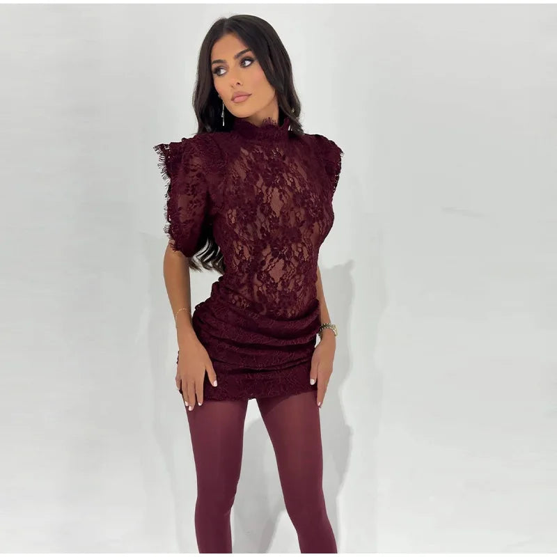 Sheer Lace Flared Sleeve Knee Length Party Dress for Women