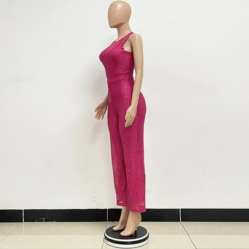 Elegant Silver Sequined Straight Cut Jumpsuit for Women