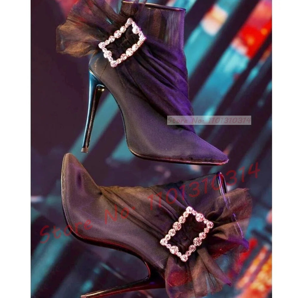 See Through Mesh Crystal Buckle Ankle Booties for Women