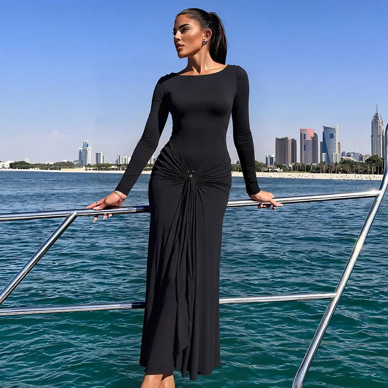Elegant Solid Buckle Bandage Slim Maxi Dress for Women Autumn Long Sleeve Bodycon Holidays Party Dress Lady Casual Dress