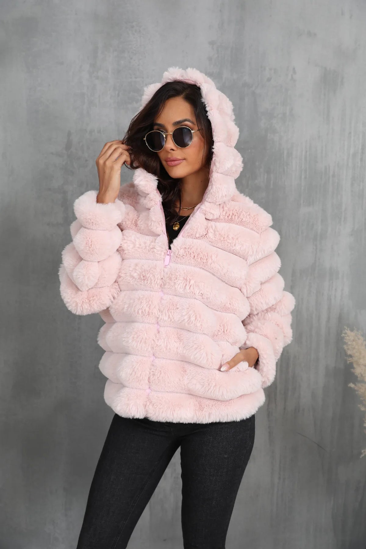 Warm Hooded Short Faux Fur Coat With Turn Down Collar for Women