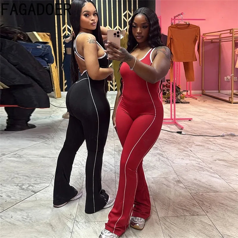 FAGADOER Fashion Striped Patchwork Bodycon Jumpsuits Women Sleeveless Backless Hollow Out Rompers Female Streetwear Overall New