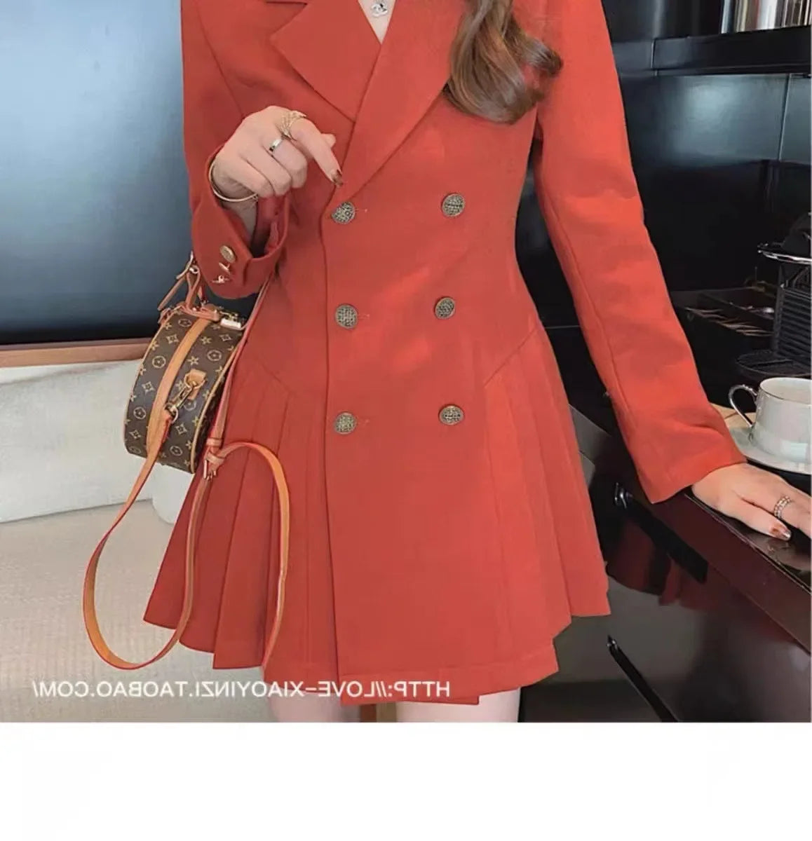 Elegant Double-Breasted Suit Dress Skirt Style Polyester Fiber Full Sleeve Regular Neckline Empire Waist Midi Length Dress
