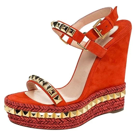 Metallic Trim Suede Wedge Sandals With Buckle Straps For Women