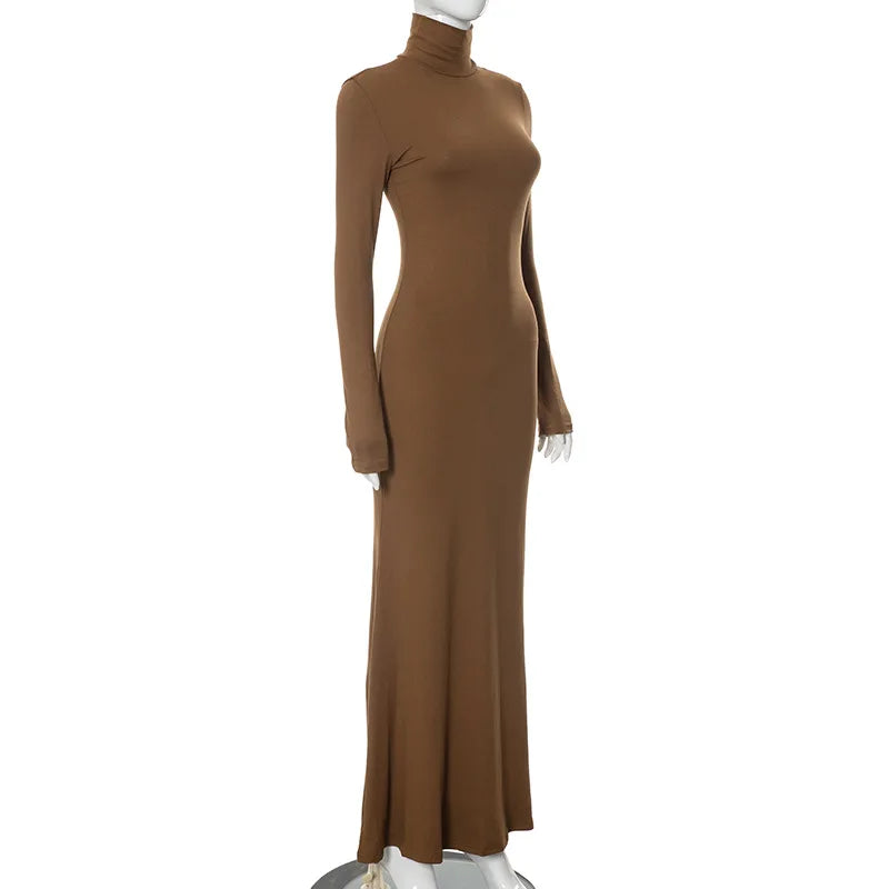 Cryptographic Fall Winter Turtleneck Elegant Long Sleeve Maxi Dress Outfits for Women Casual Fashion Bodycon Dresses Vestido