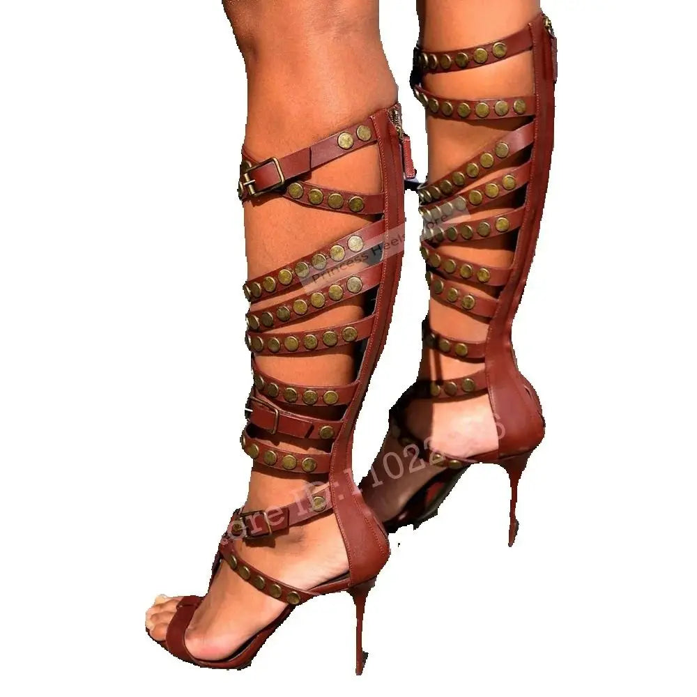 Rivet Buckle Straps Open Toe Hollow Cut Cross Tied Zipper Sandals for Women