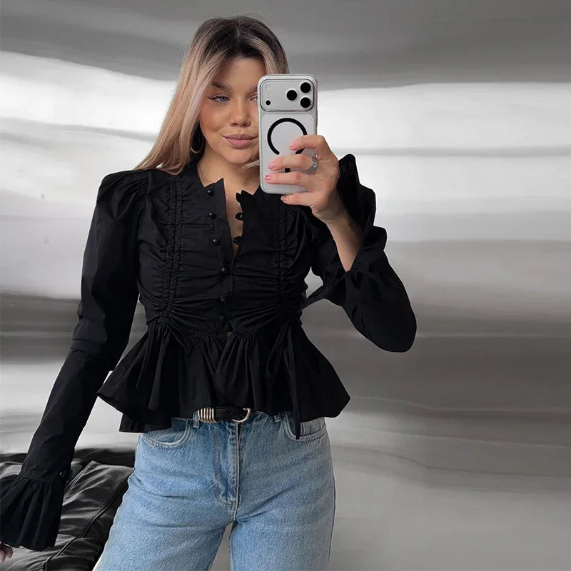 Chic Solid Ruffle Pleated Puff Sleeve Shirt for Women