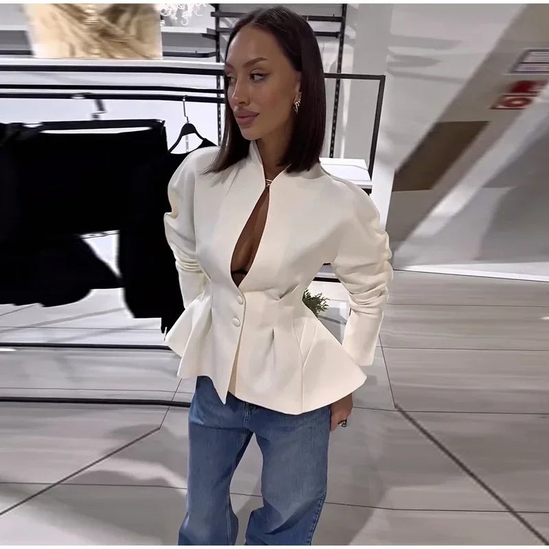Elegant Stand Collar with Button Front Blazer for Women