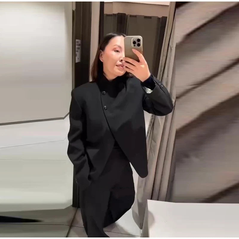 Elegant Stand Collar Coat and Trousers Set for Women