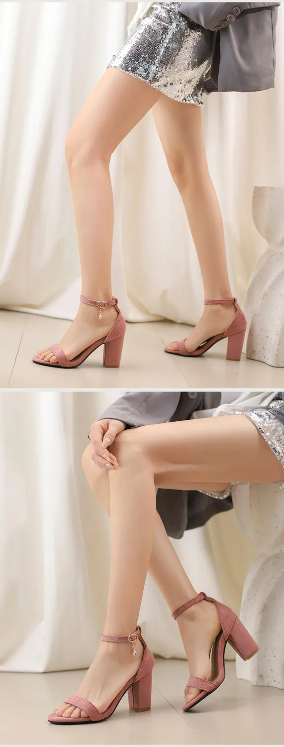Beige Suede Rhinestone Block Heel Sandals