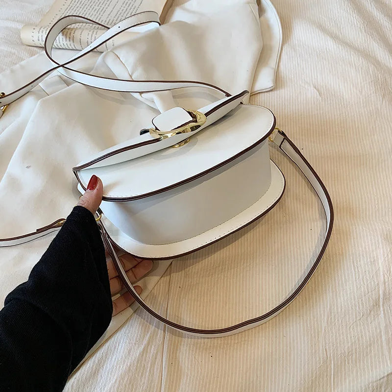 Solid Color Leather With Golden Hardware Saddle Shoulder Bag for Women