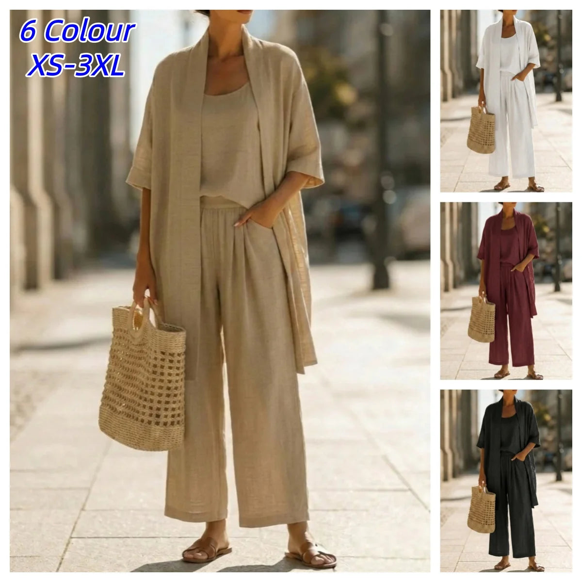 Casual Solid Cotton Linen Wide Leg Three Piece Set for Women